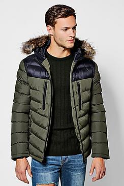 Boohoo Colour Block Faux Fur Trim Hooded Puffer