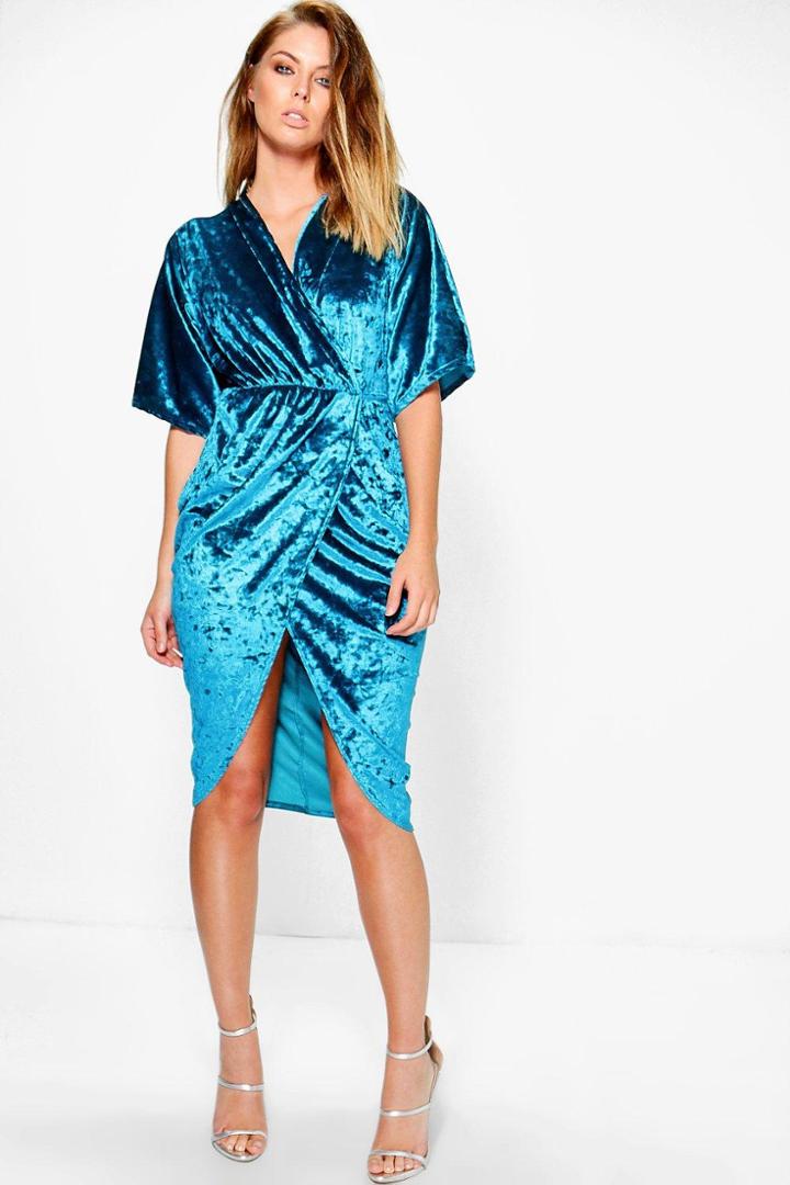 Boohoo Aly Crushed Velvet Kimono Wrap Midi Dress Teal