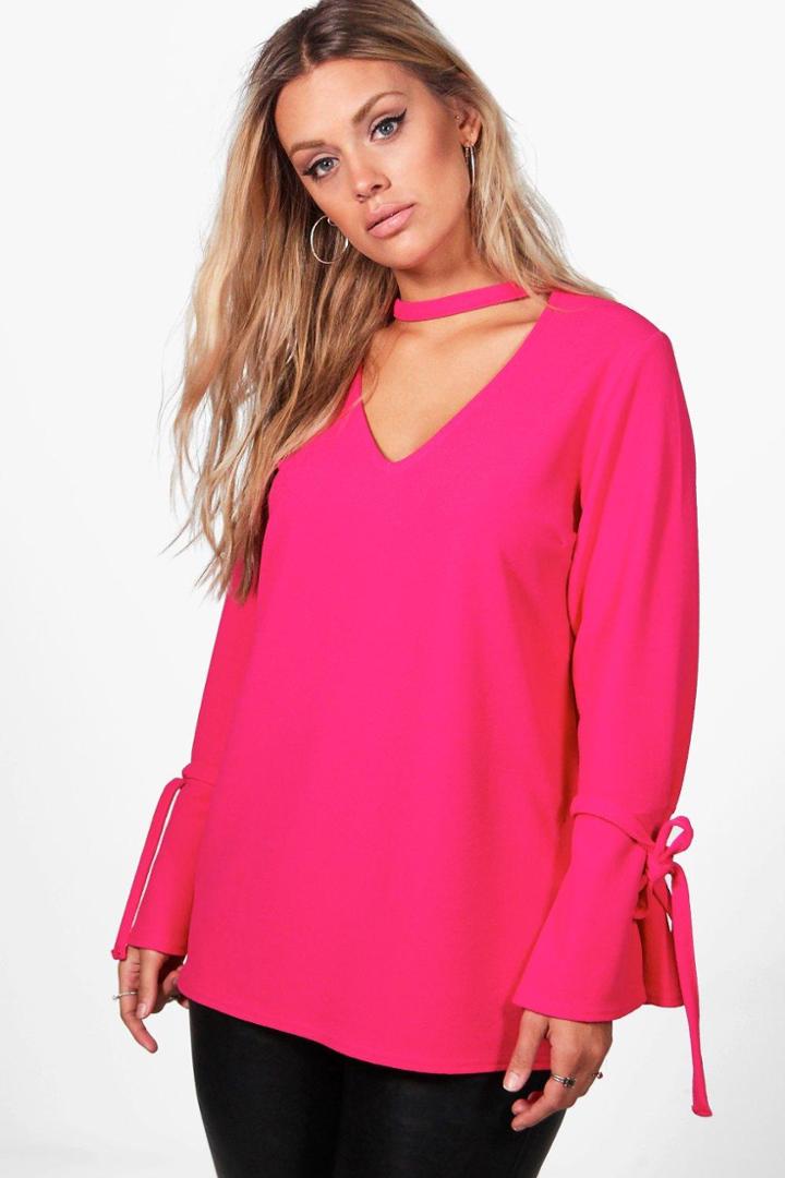 Boohoo Plus Lola Plunge Neck Crepe Tie Sleeve Top Pink