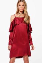 Boohoo Greta Satin Open Shoulder Frill Shift Dress Merlot