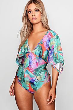 Boohoo Plus Hatti Kimono Sleeve Tropical Swimsuit
