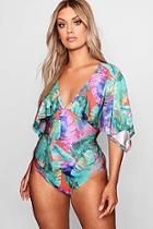 Boohoo Plus Hatti Kimono Sleeve Tropical Swimsuit