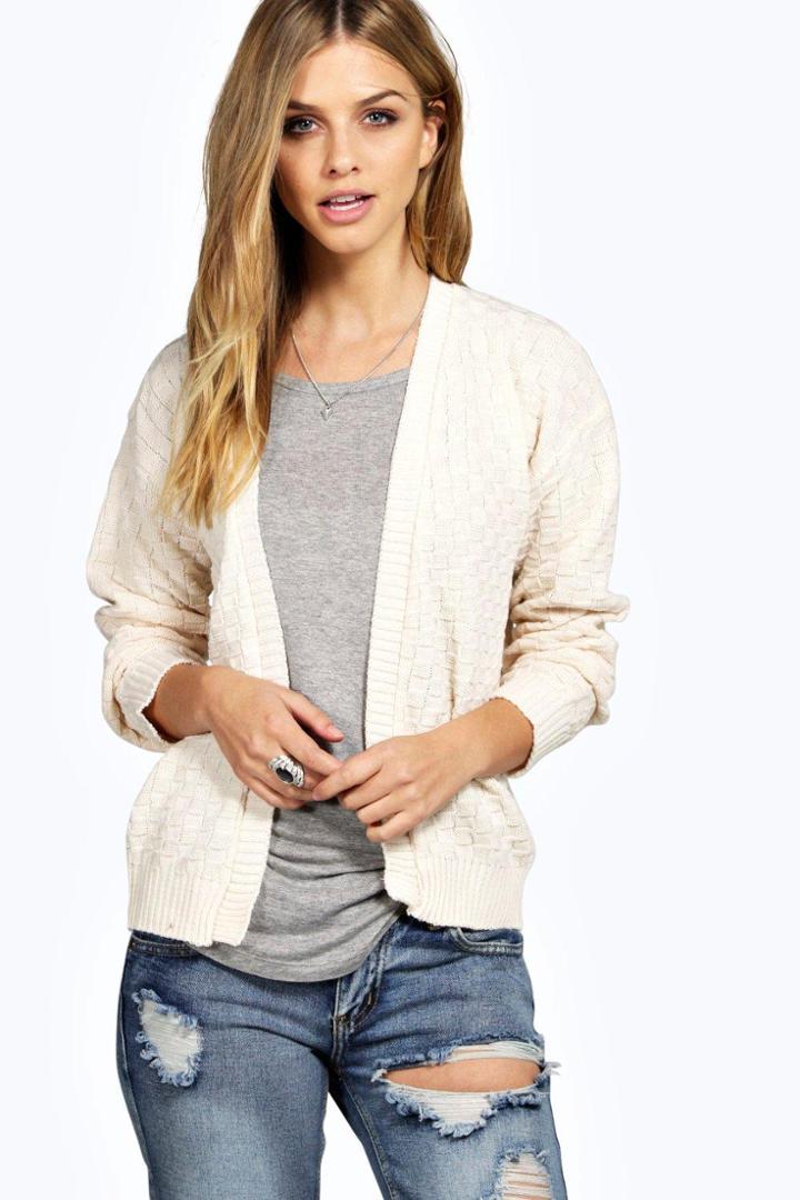 Boohoo Tia Checker Board Knit Cardigan Vanilla