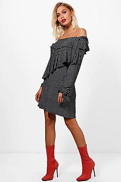 Boohoo Tia Choker Frill Detail Spot Shift Dress