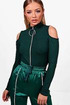 Boohoo Zip Front Cold Shoulder Crop