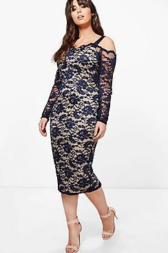 Boohoo Plus Lottie Lace Open Shoulder Midi Dress
