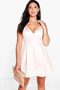 Boohoo Reem Satin Cross Over Straps Skater Dress
