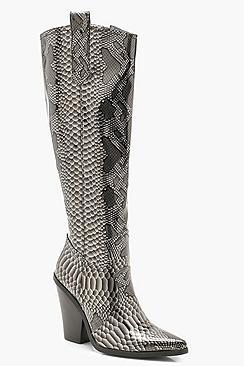 Boohoo Over The Knee Snake Cowboy Boots