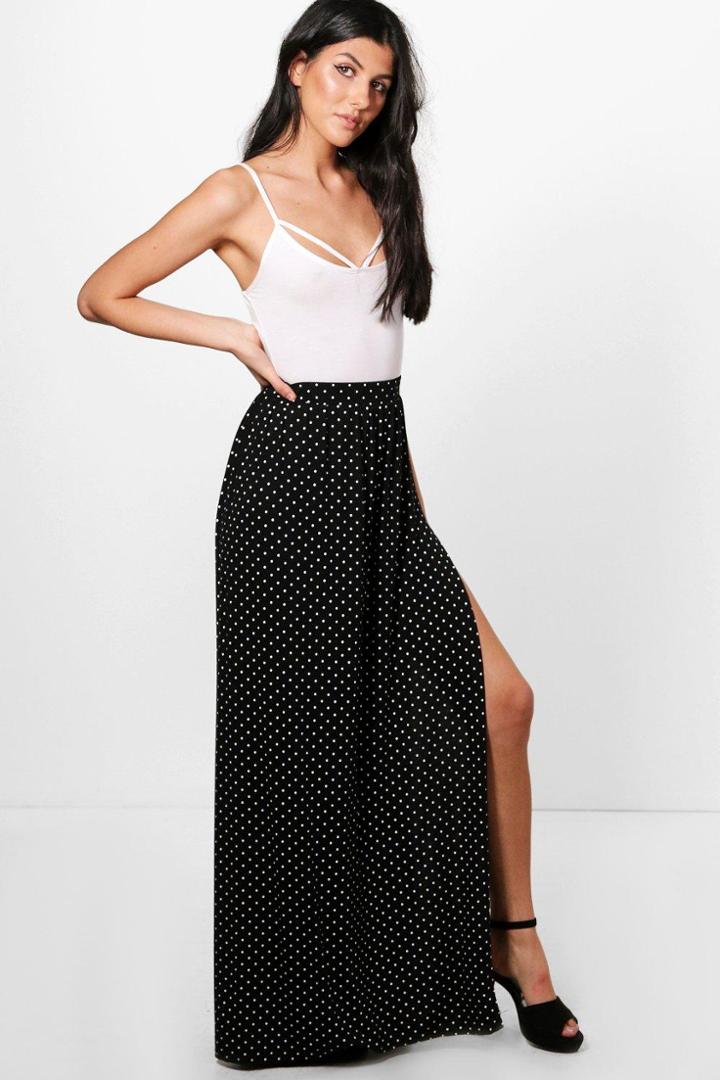 Boohoo Lia Polka Dot Thigh Split Floor Sweeping Maxi Skirt Black