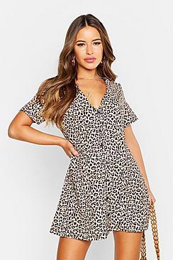 Boohoo Petite Red Leopard Print Button Shift Dress
