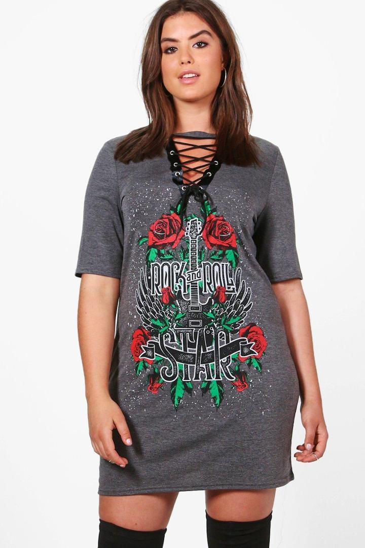 Boohoo Plus Josie Lace Up Band T-shirt Dress Charcoal