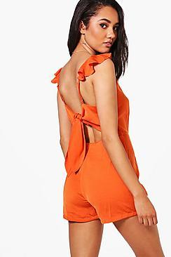 Boohoo Petite Abi Ruffle Shoulder Backless Woven Playsuit