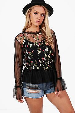 Boohoo Plus Leanne Embroidered Frill Hem Top