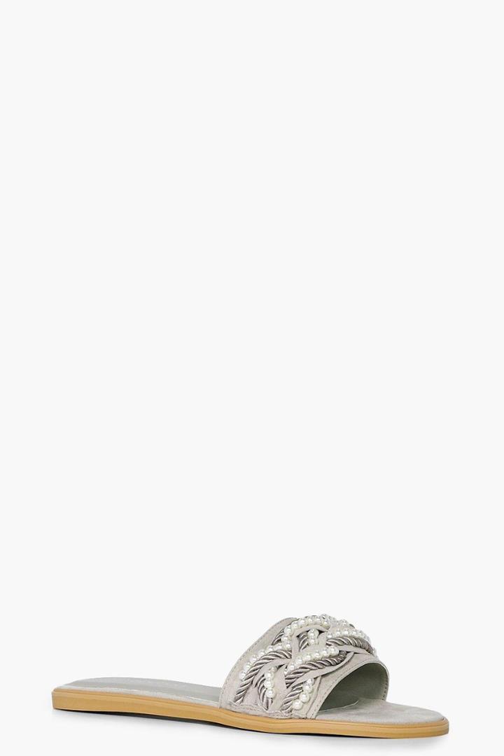 Boohoo Felicity Plaited Pearl Trim Slider Flat Grey