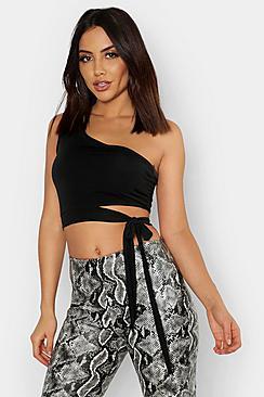 Boohoo Slinky One Shoulder Tie Detail Top