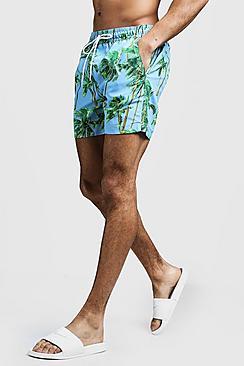 Boohoo Mid Length Palm Tree Print Swim Short