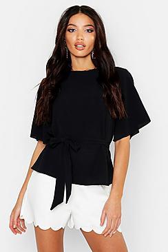 Boohoo Woven Tie Waist Angel Sleeve Peplum