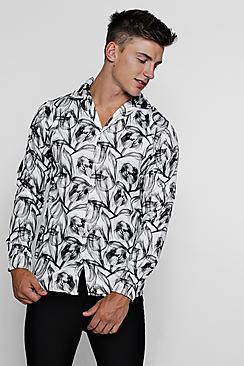 Boohoo Mono Floral Print Long Sleeve Satin Shirt