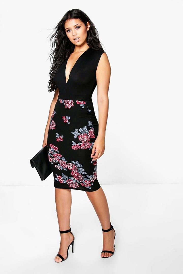 Boohoo Loren Winter Floral Scuba Midi Skirt Black