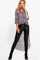 Boohoo Faith Drop Hem Aztec T-shirt Blue