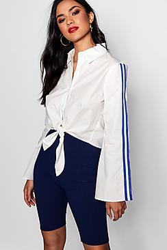 Boohoo Adalyn Tie Front Flare Sleeve Sports Stripe Shirt