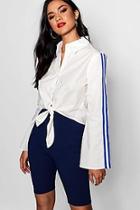 Boohoo Adalyn Tie Front Flare Sleeve Sports Stripe Shirt