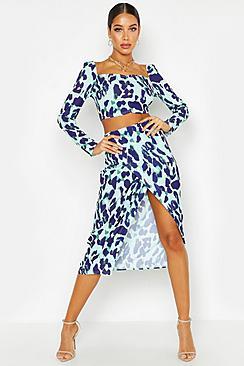 Boohoo Leopard Split Front Midi Skirt