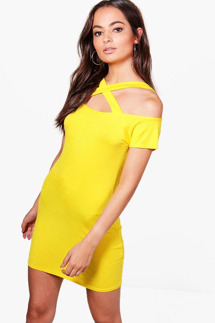 Boohoo Natalie Cross Front Bodycon Dress Yellow