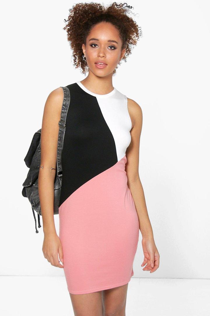 Boohoo Elsie Sleeveless Colour Block Bodycon Dress Coral