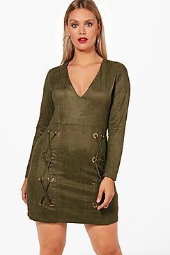 Boohoo Plus Ivy Eyelet Suedette Plunge Bodycon Dress