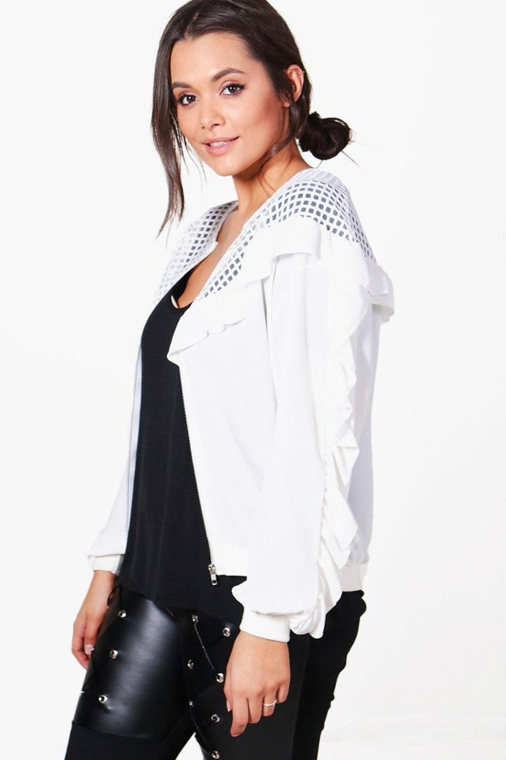 Boohoo Plus Alicia Frill Detail Bomber Jacket Ivory