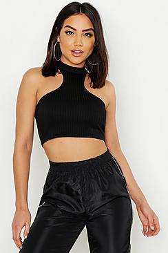 Boohoo Jumbo Rib Racer Front High Neck Crop