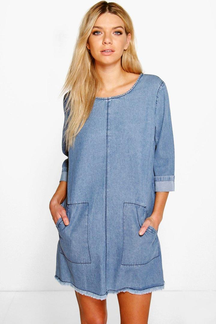 Boohoo Lucy Patch Pocket Fray Edge Denim Shift Dress Blue