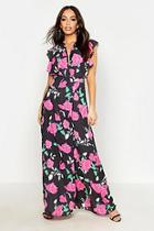 Boohoo Woven Rose Print Flutter Sleeve Maxi Dress