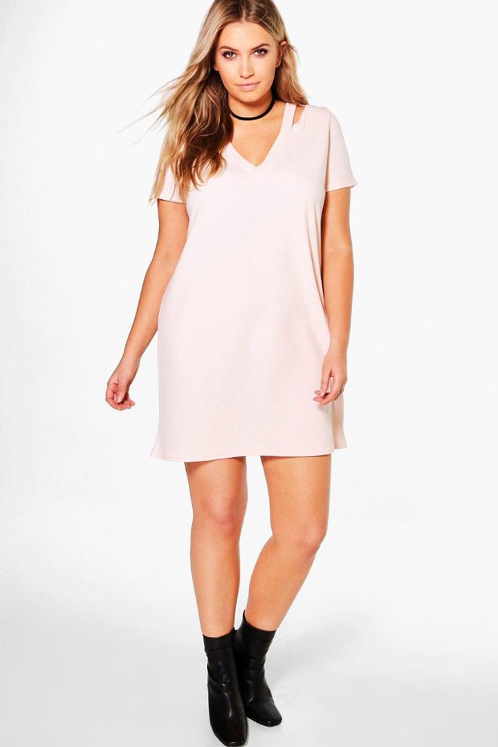 Boohoo Plus Naomi Plunge Neck Strap Shift Dress Nude