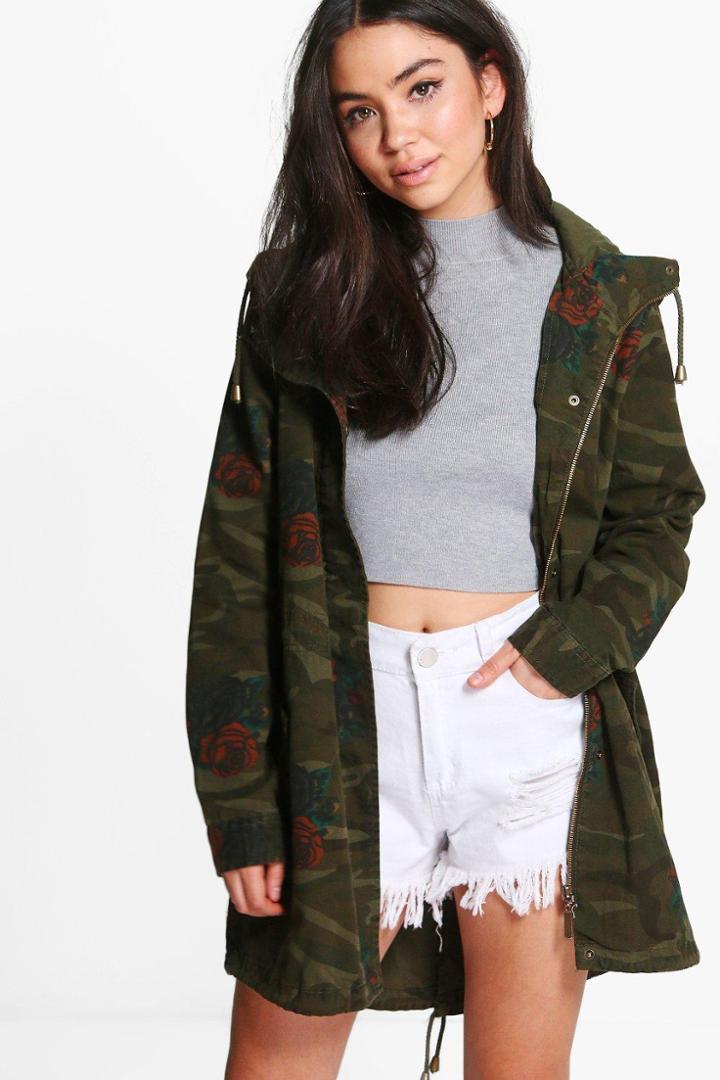 Boohoo Harriet Floral Camo Print Hooded Fishtail Parka Khaki