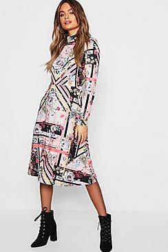 Boohoo High Neck Long Sleeve Floral Midi Dress