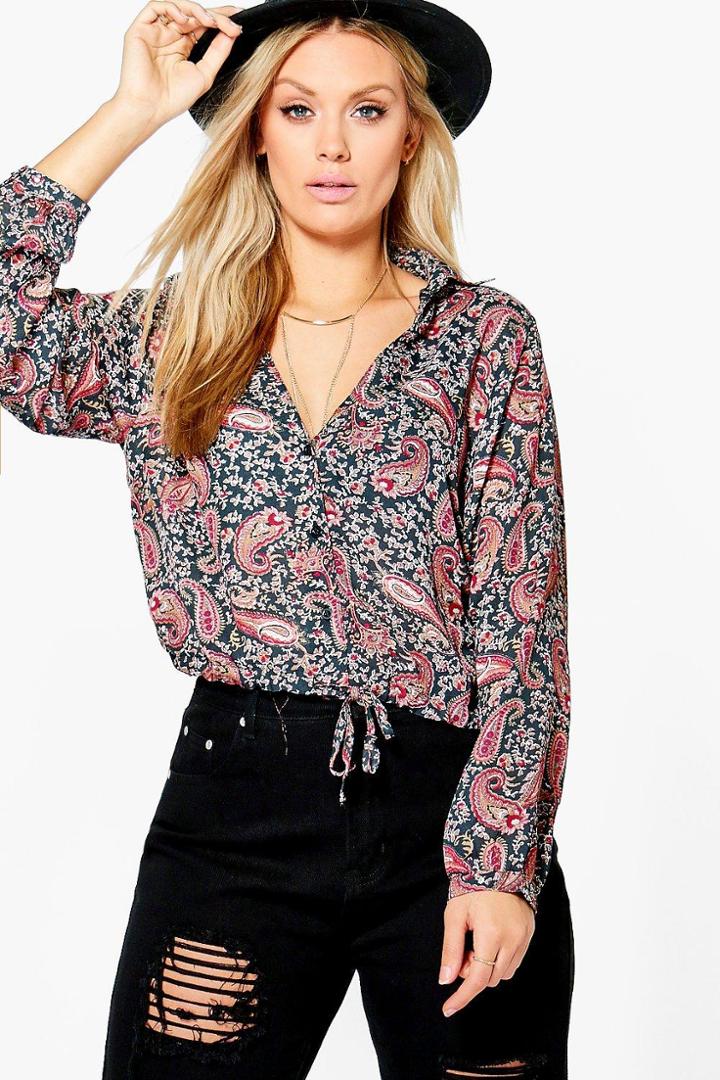 Boohoo Plus Hailey Paisley Print Drawstring Hem Shirt Black