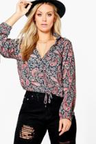 Boohoo Plus Hailey Paisley Print Drawstring Hem Shirt Black