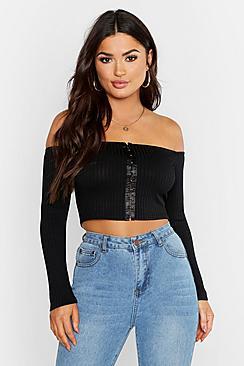 Boohoo Jumbo Rib Hook + Eye Long Sleeve Crop