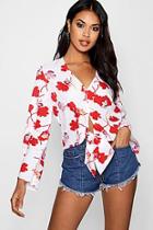 Boohoo Minnie V Neck Tie Front Flared Sleeve Top