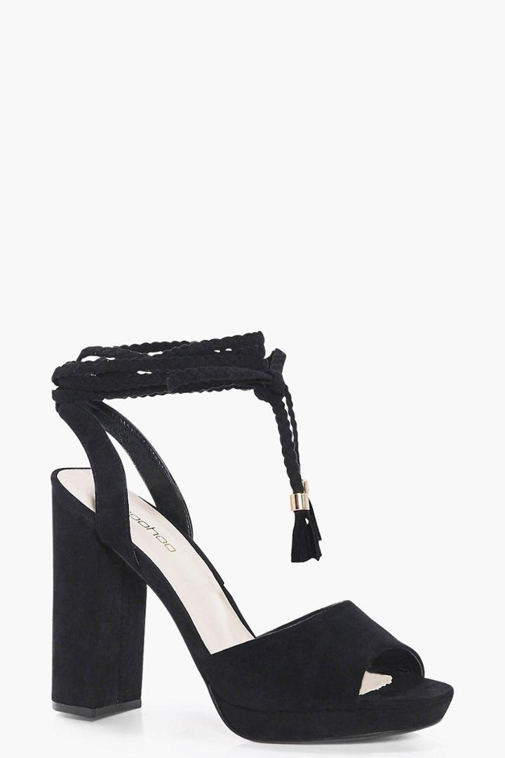 Boohoo Beatrice Plaited Wrap Strap Platform Heels Black