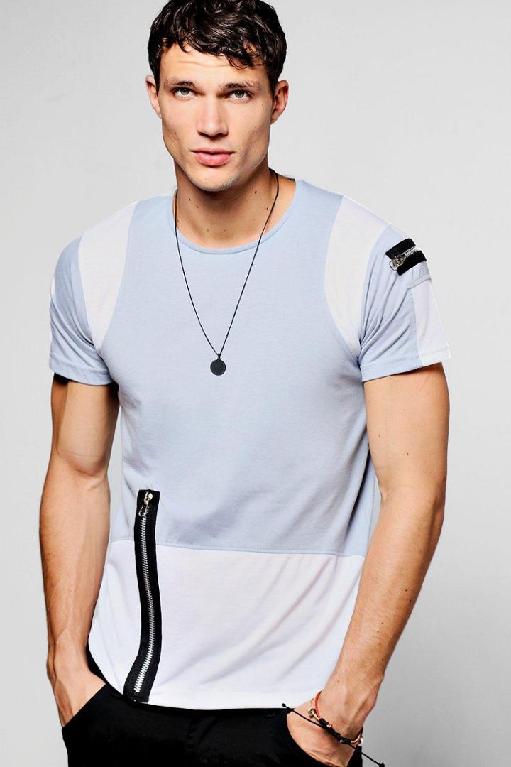 Boohoo Colour Block T-shirt With Zip Detail Blue