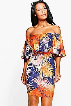 Boohoo Selena Off Shoulder Tropical Bodycon Dress