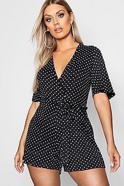Boohoo Plus Polka Dot Wrap Ruffle Playsuit