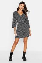 Boohoo Rib Stripe V Neck Tie Skater Dress