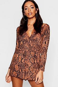 Boohoo Tan Snake Print Wrap Playsuit