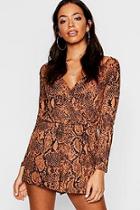 Boohoo Tan Snake Print Wrap Playsuit