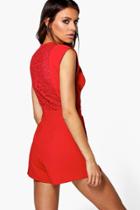 Boohoo Emily Lace Back Woven Playsuit Berry