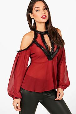 Boohoo Lace Trim Plunge Panel Blouse